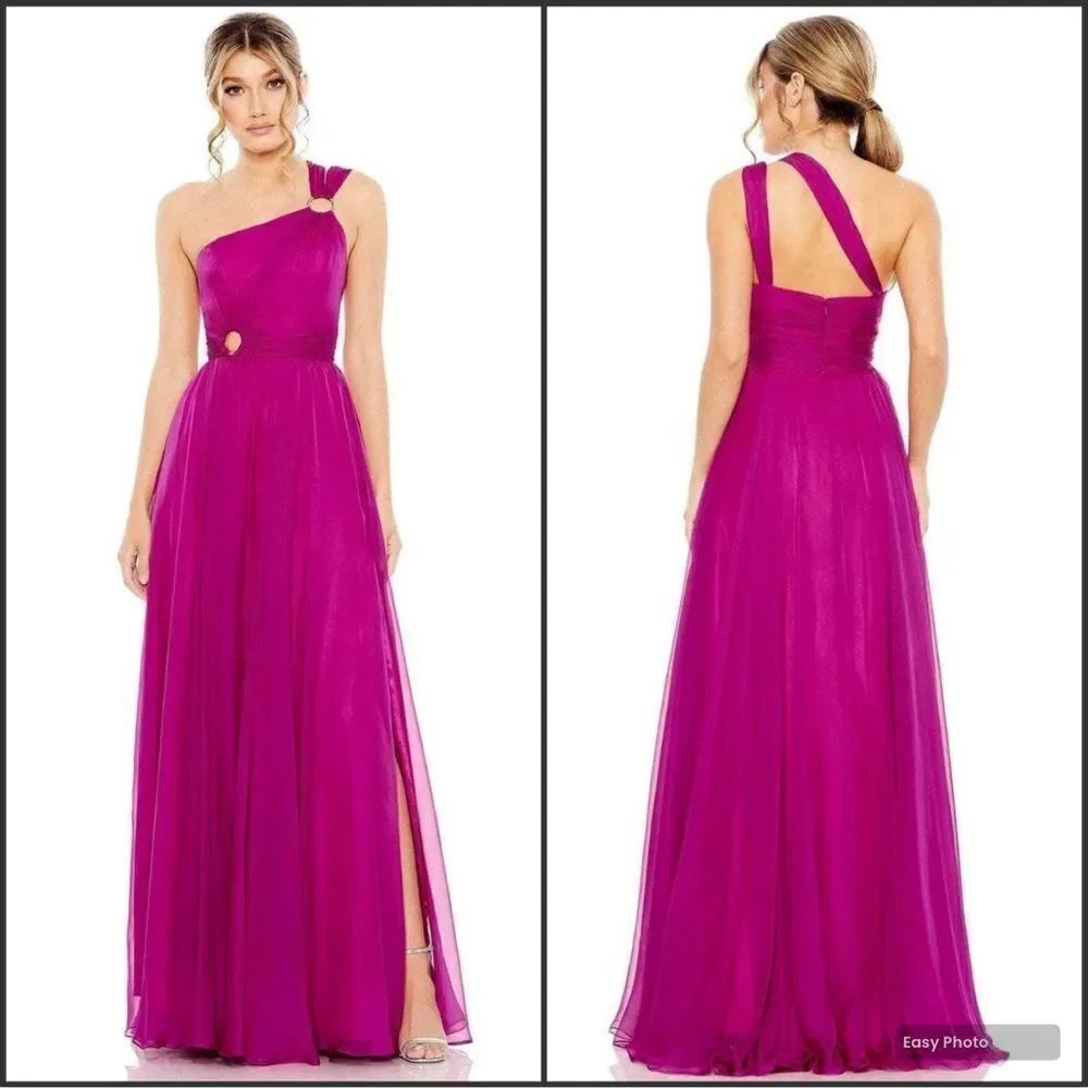 Mac Duggal Size 2 Pink Fuchsia Strappy One Shoulder Organza Maxi Dress Gown